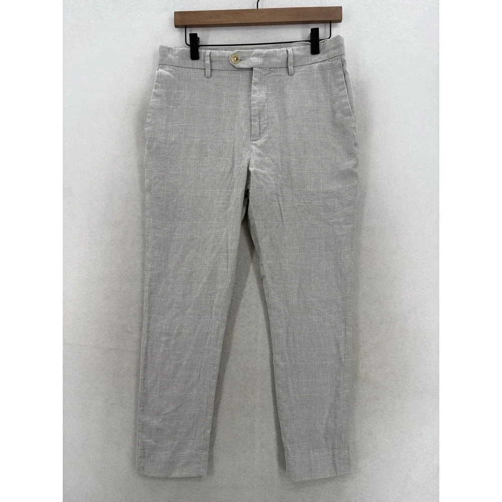 Banana Republic Tailored Fit Chino Pants Mens 30x27 Gray Plaid Linen Summer Golf
